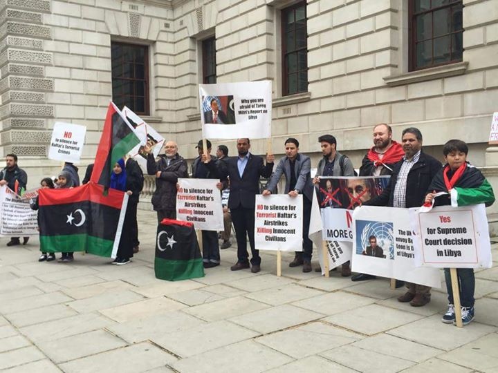 Libyan community in London hold anti-Khalifa Hafter/Leon protest outside UK Foreign Office. Saturday, May 23, 2015. 